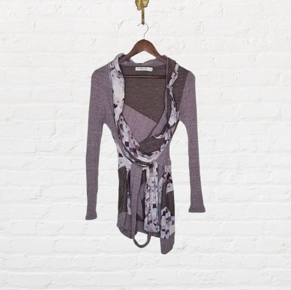 Anthro: Patchwork Purple Wrap Sweater Size Sm